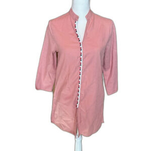 SHEIN Cotton Tunic Size 4 Popover Split Neck 3/4 Sleeve Pop Pom EUC